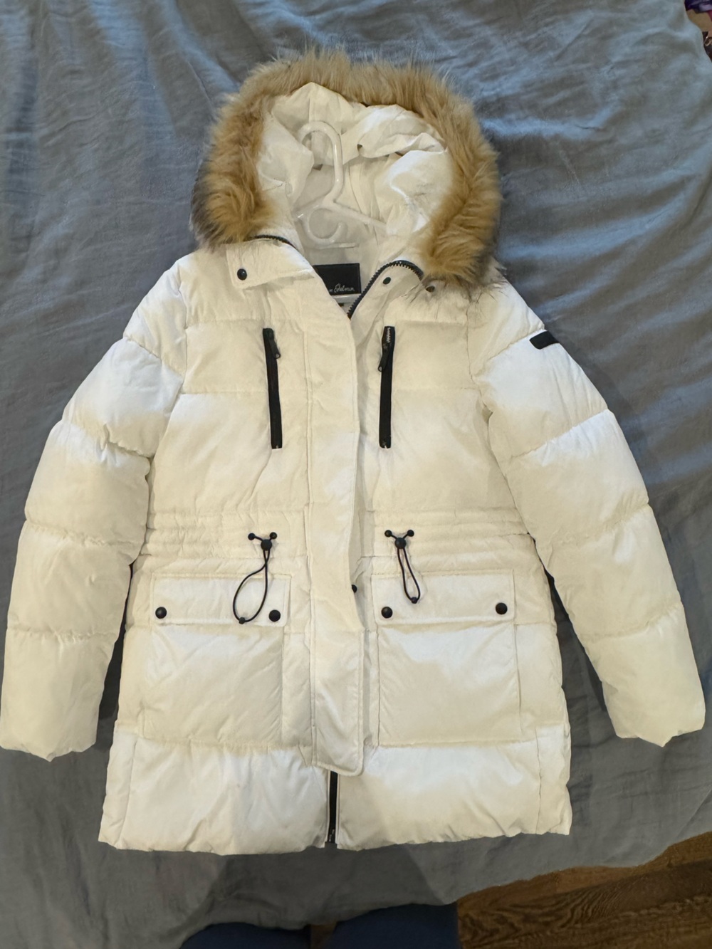 Sam Edelman White Puffer Hooded Jacket with Detachable Faux Fur Trim
